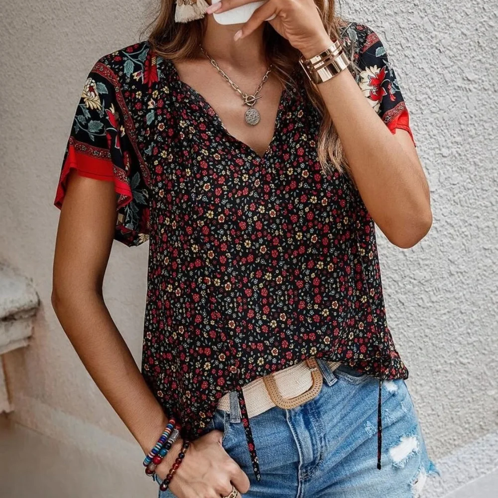 05 Boho floral Print Cottagecore blouse - Picture 5 of 11